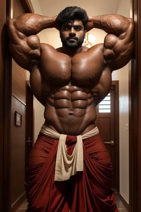 30 years old Desi mascular dark skin jaat weared red dhoti with huge wide muscular shoulders, wide chest, abs, masculine wide triceps, arms, biceps, big masculine legs, wide thighs, calfs, black-haired, hair falls on your face, Mesmerizing brown eyes, red ...