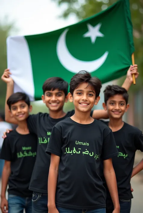 It is Independence day of Pakistan And four 14 years old boys wearing black t shirt and holding the flag of Pakistan and first name is maaz and second name is Siyam and third name is Muhammad and fourth name is umais and their names are labelled on their t...