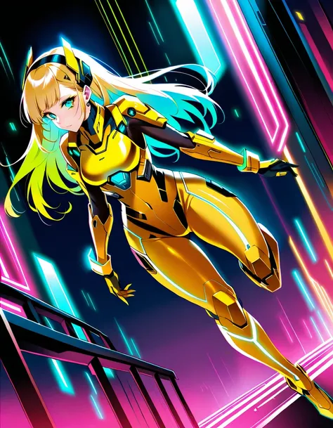 Sci-fi, cyberpunk, neon, near-future, dystopia, A beautiful woman wearing a mechanical powered suit that shines in golden metallic color from head to toe.