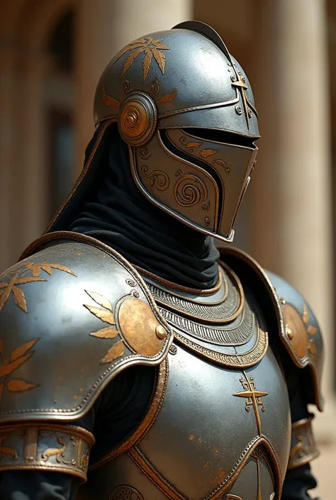 A man in full alloy armor, wearing an anime-style helmet. On the armor are character patterns. There are faint Egyptian characters on the armor.