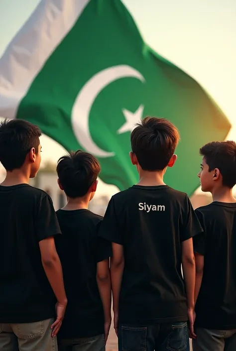 It is Independence day of Pakistan And four 14 years old boys wearing black t shirt and holding the flag of Pakistan and his name is Siyam  and his name is labelled on his t shirt 