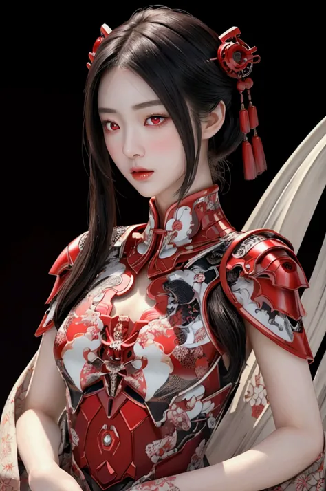 (high quality), (masterpiece), (detailed), 8K, Hyper-realistic illustration depicts (Japanese girl1.3) with porcelain skin and (vibrant red eyes1.2) dressed in (intricately designed cyber attire1.2), showcasing (exquisite upper body details1.2) with subtle...