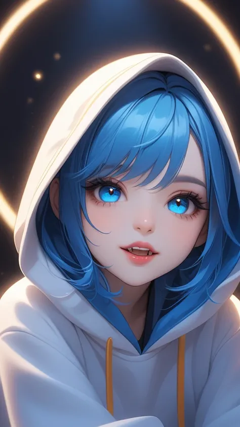 A highly detailed  1girl, beautiful detailed eyes, beautiful detailed lips, fangs, detailed eyes and face, long eyelashes, cute expression, 6 year girl, big size  white hodie, sit pose, blue ayes glow, blue hair, shortcuts,studio lighting,concept art