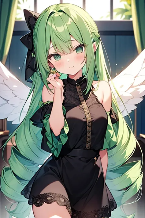 Cute Girls　Fluttering lace clothing　sexy　Green Hair　Drill Hair　ponytail　真front　Eye patch　Angel&#39;s wing　Devil&#39;s Tail　tooth　Background white　Upper Body　Anime Style　sd　　One person　front　Big Tits　A big smile