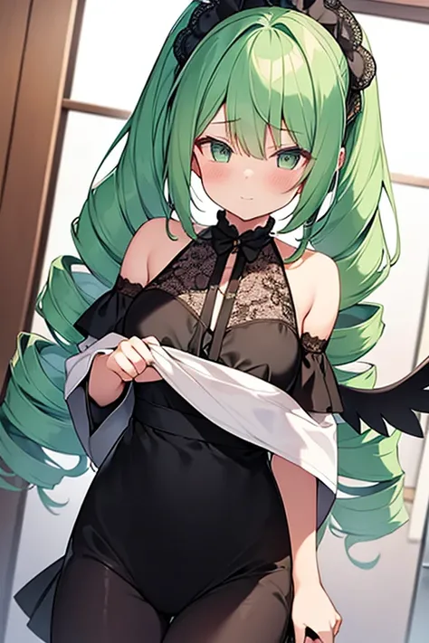 Cute Girls　Fluttering lace clothing　sexy　Green Hair　Drill Hair　ponytail　真front　Eye patch　Angel&#39;s wing　Devil&#39;s Tail　tooth　Background white　Upper Body　Anime Style　sd　　One person　front　Big Tits　A big smile