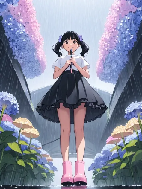 One Girl,alone,umbrella,rubber boots,flower,closed umbrella,boots,Black Hair,skirt,rain,iris,Twin tails,Long Hair,From below,smile,Hydrangea,stage,View your audience,Pink footwear,Outdoor,water,Place your arms behind your back,shirt,Short sleeve,Are standi...