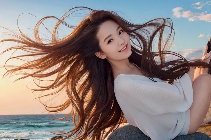 arafed woman sitting on rocks near the ocean with Her hair is blowing in the wind, the wind blows and the hair flutters, windy floating hair!!, Her hair is blowing in the wind, loose hair stands on a stone, windy hair, Dramatic smiling pose, in the sea, En...