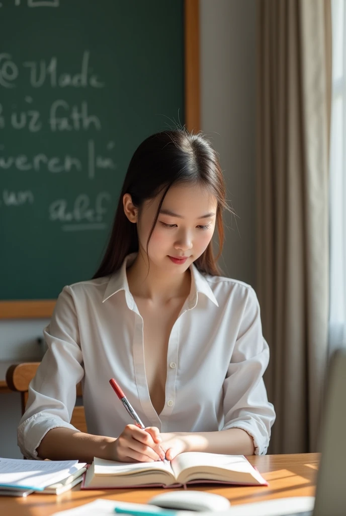 Five Cute Chinese woman 12 years old sitting at study table, sexy clothes, 
breasts coming out of the middle of the shirt slit, squeezing her breasts, do not wears buste houder, show boobs, boobs button