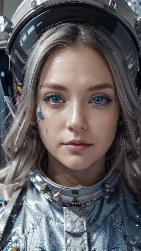 (Close-up of a better masterpiece:1.5)0.9], (Space and astronauts:1.2) (Messy silver hair:1.1) (Heterochromia xanthochromia and blue eyes:1.2) (Space Helmet:1.0) (Colored stars in the eyes:1.0) (A radiant glow:1.1) (thick lips:0.9)