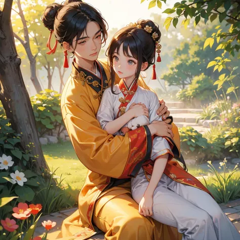 Chibi girl, A cute chibi girl with two buns, wearing ancient Chinese clothing, sitting on the lap of her handsome older brother in ancient Chinese clothing, in the garden, sunlight on her face, bright face, sunrise, close-up.