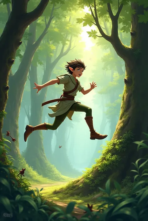 Elf boy jumping between trees in dynamic anime style pose