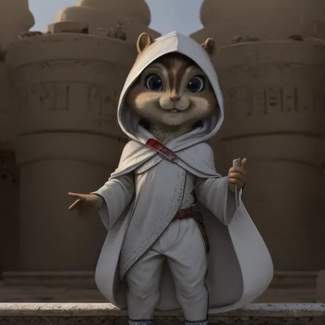 score_9, score_8_up, score_7, score_6, Egypt, brittany miller, chipmunk, furry, short ears, white Assassins Creed robe, white hood on head, hidden blade, white cape, white pants, white gloves, white boots, looking at viewer, 6 inches tall