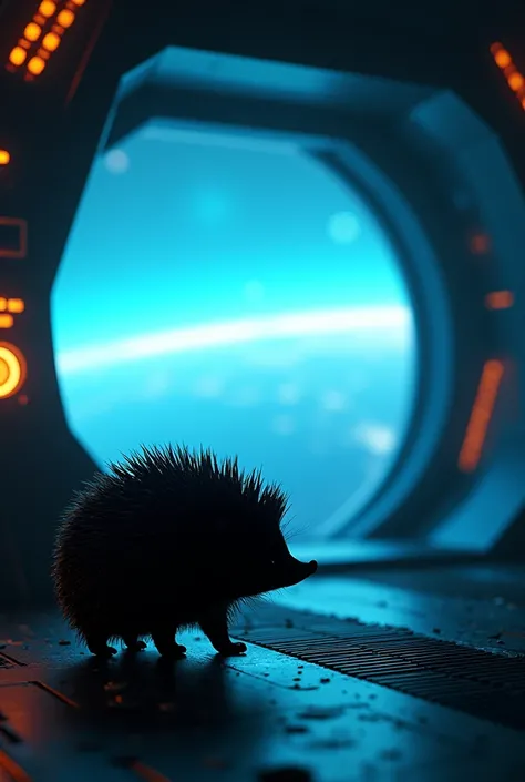 Silhouette of a hedgehog inside a ship leaving a futuristic blue planet