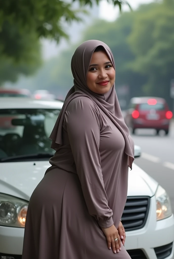 malaysia malay traditional woman in her 30s wearing tudung bending over in front of a car and showing her butt naked and she turns her head too see the camera. the background is busy malaysian road. she wears tudung and naked from the waist down . she is c...