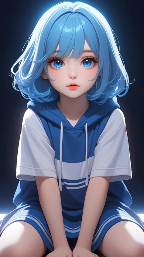 A highly detailed  1girl, beautiful detailed eyes, beautiful detailed lips, little wigs , detailed eyes and face, long eyelashes, cute expression, 6 year girl, big size  white hodie, sit pose, blue ayes glow, blue hair, shortcuts,studio lighting,concept ar...