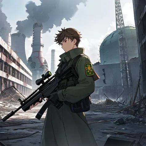 Amuro with a sniper rifle, With the destroyed Chernobyl nuclear reactor in the background,