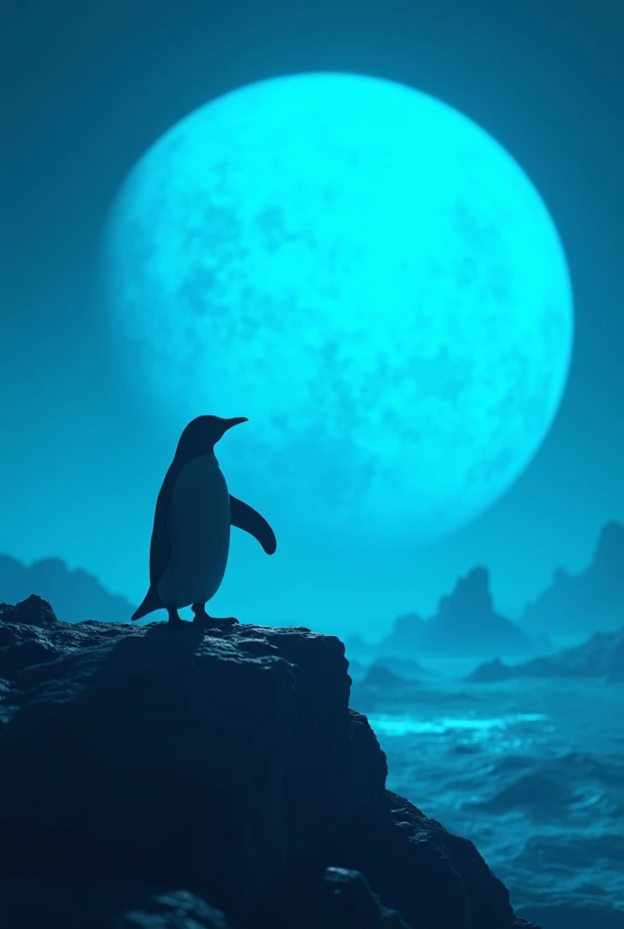 Silhouette of a penguin inside a ship leaving a futuristic blue planet