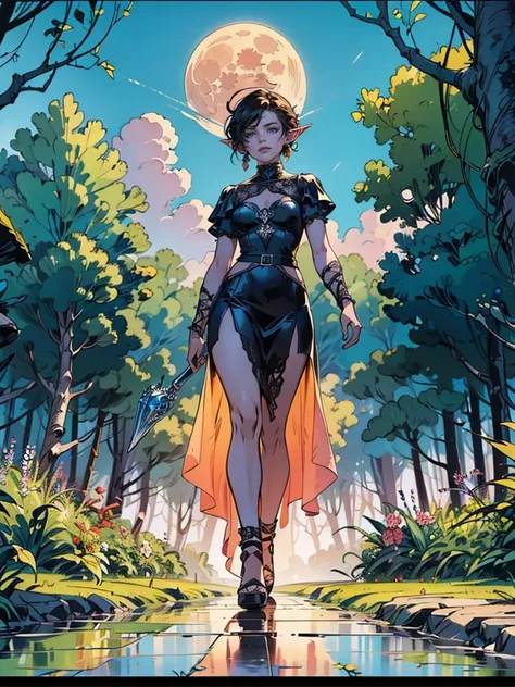 Full moon made for me; what reason falls the day? Its beauty, not often seen, when evening comes, and clouds line the way. In a dappled, ancient forest ruin, an Elf Princess stands tall, medium shot, full body shown, her scepter raised high, smoke atmosphe...