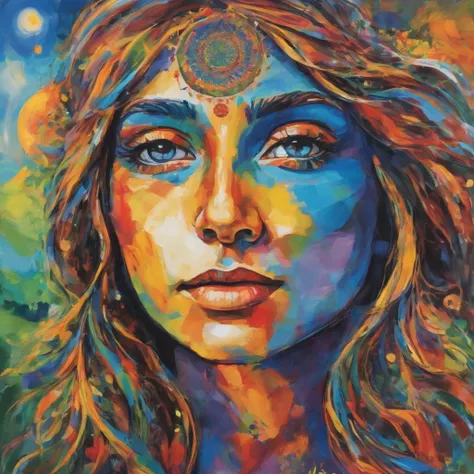 "Visualize an interpretation of the earth on one side of the face in hippie style. To capture its movement and energy in a unique way. Incorporate hippie-style colors to convey a sense of movement and excitement. Play with perspective and layering, to crea...