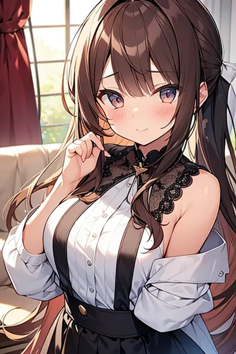 Cute Girls　Gorgeous fluttering lace clothing　　Gorgeous and luxurious　sexy　Brown Hair　ponytail　真front　Eye patch　Angel&#39;s wing　Devil&#39;s Tail　tooth　Background white　Upper Body　Anime Style　　One person　front　Big Tits　Embarrassed　Absolute area