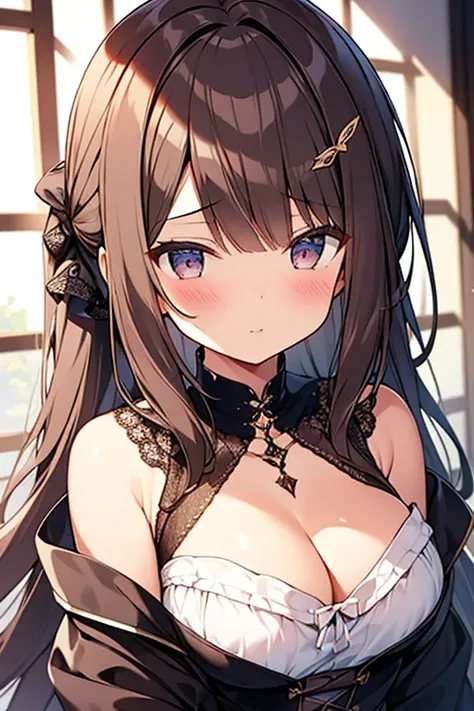 Cute Girls　Gorgeous fluttering lace clothing　　Gorgeous and luxurious　sexy　Brown Hair　ponytail　真front　Eye patch　Angel&#39;s wing　Devil&#39;s Tail　tooth　Background white　Upper Body　Anime Style　　One person　front　Big Tits　Embarrassed　Absolute area