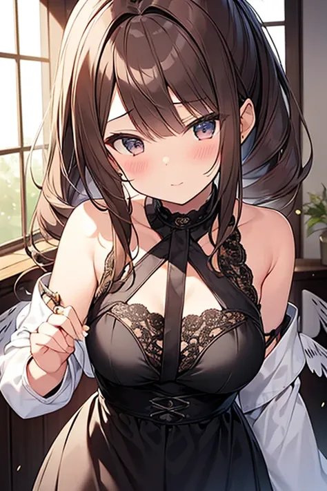 Cute Girls　Gorgeous fluttering lace clothing　　Gorgeous and luxurious　sexy　Brown Hair　ponytail　真front　Eye patch　Angel&#39;s wing　Devil&#39;s Tail　tooth　Background white　Upper Body　Anime Style　　One person　front　Big Tits　Embarrassed　Absolute area