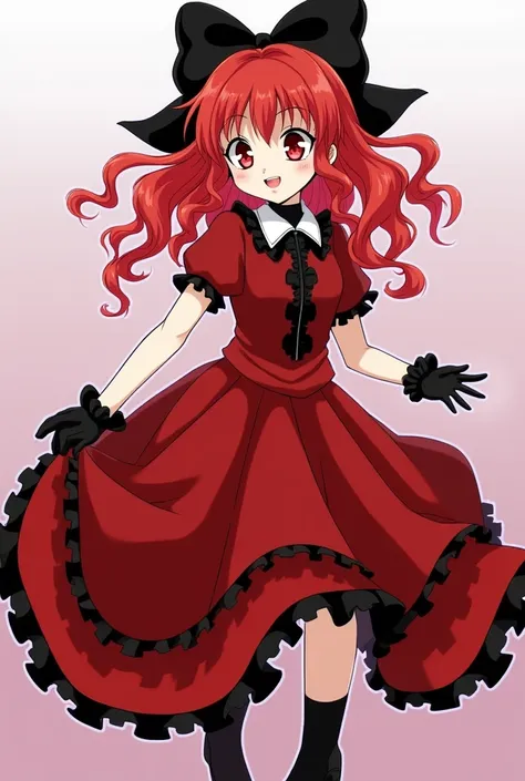 red hair,  red eyes, red ruffle dress, black trim on dress, black gloves and shoes, big black ribbon above head, wavy hair