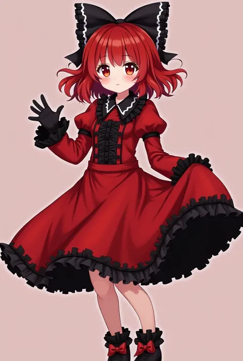 red hair,  red eyes, red ruffle dress, black trim on dress, black gloves and shoes, big black ribbon above head, wavy hair