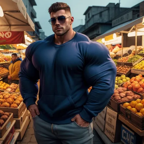 brutalmass, a very handsome young man, short hair, mid fade haircut, sunglasses, simple blue sweatshirt with long sleeves, exagg...