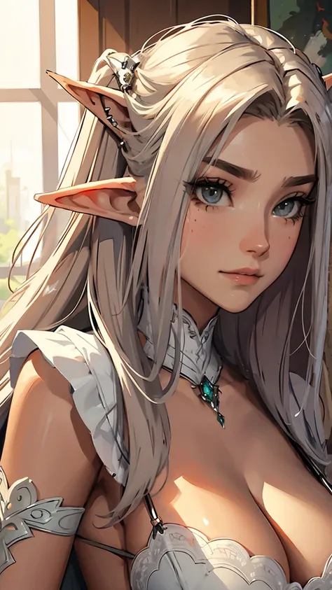 a close up of a person in sexy sheep lingerie cosplay, midriff,fluffy thighhighs,  elven character with smirk, stunning character art, elf girl, female elf, a portrait of an elf, beautiful character painting, beautiful and elegant female elf, wlop rossdraw...