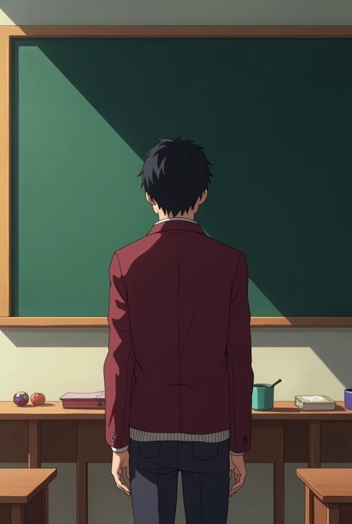 An anime of a  teacher (brown skinned) wearing a maroon colour jacket standing in a classroom while his back facing a blackboard