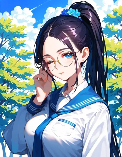 (High quality, 8ก, 4K, high contrast, Masterpiece:1.2, 最High quality, The best aesthetics ), beauty, very detailed, Sexy and erotic girls, (big breasts, long black hair , High ponytail , Side dial hair , I closed one eye. , blue eyes) , Girl 1 , (School un...