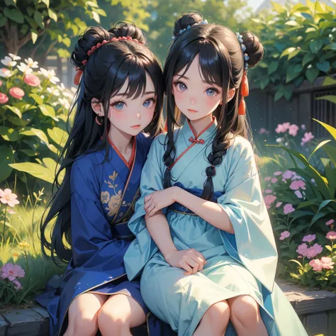 Chibi girl, A cute chibi girl with two buns, wearing a blue ancient Chinese dress, sitting on her big brothers lap, with long, loose, black hair, handsome in a white ancient Chinese dress, in the garden, sunlight on her face, bright face, sunrise, close-up...