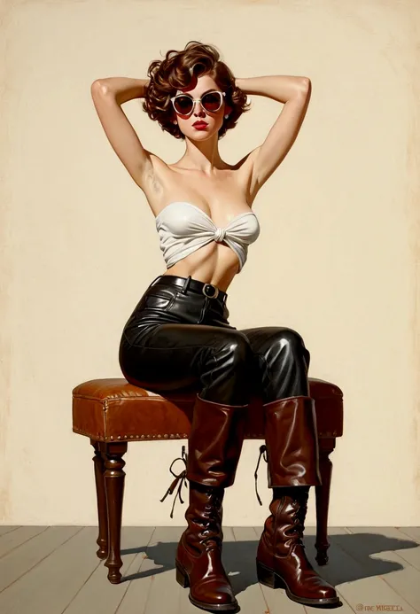 illustration painting in the style of Norman Rockwell and Albert Beck Wenzell a beautiful model with short brown hair topless and leather pants sunglasses black boots sitting legs wide open hands behind her head