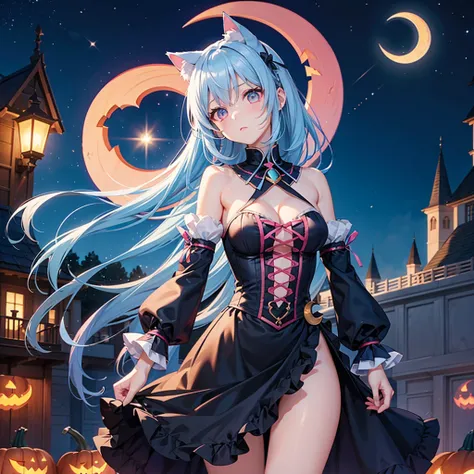 (Sky blue hair), (Pink Eyes),Fair skin) ,(whole body),(One Girl),(Crescent Moon),(There are lots of pumpkin ghosts in the background),Cat ear,Cat&#39;s Tail,(If you dont give me sweets, Ill play a prank on you.),Halloween Night Party),(masterpiece, Highest...