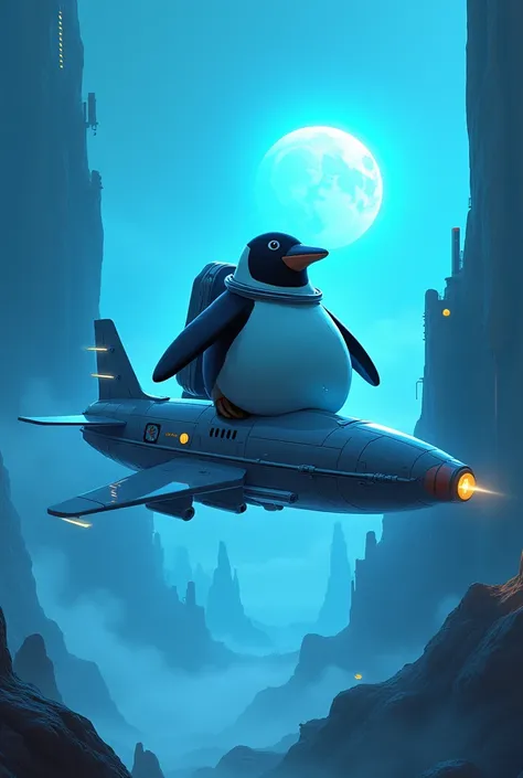 Silhouette of a chubby penguin dressed as an astronaut inside a ship leaving a futuristic blue planet