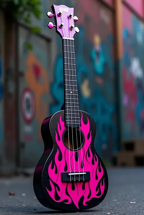 Black ukulele with fuchsia flame design and urban lettering that says king dreez