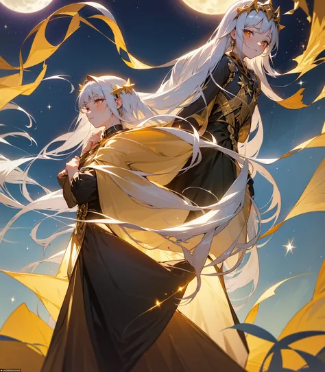 1 girl with long silver hair and radiant golden eyes, wearing a dress woven with gold and silver threads that gleams under moonlight, adorned with star-shaped hair accessories, able to manipulate golden and silver light to create pathways of stars in the n...