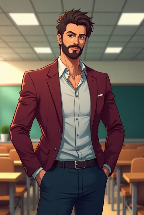 An anime of a  tall ,brown skinned, curly hair and beard, handsome teacher wearing a maroon colour puffed  jacket standing in a classroom while his facing the front