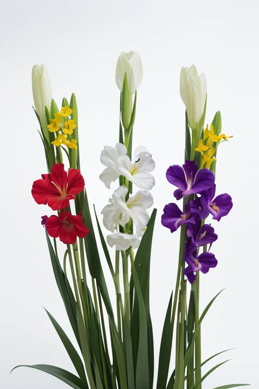 four gladiolus flowers, vertical, digital illustration, cascading layout, deep red, rich purple, bright yellow, pristine white, ruffled petals, green stems, pointed leaves, white background, bokeh effect