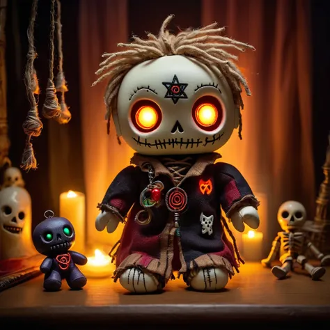 (knitted toy voodoo doll:1.7)
(Voodoo Ghost Hunter:1.5)
(from the world of paranormal investigation:1.3)
(Clothing: tattered ghost hunter’s attire with mystical ectoplasm symbols:1.0)
(Accessories: miniature glowing ghost traps, tiny floating EMF detectors...