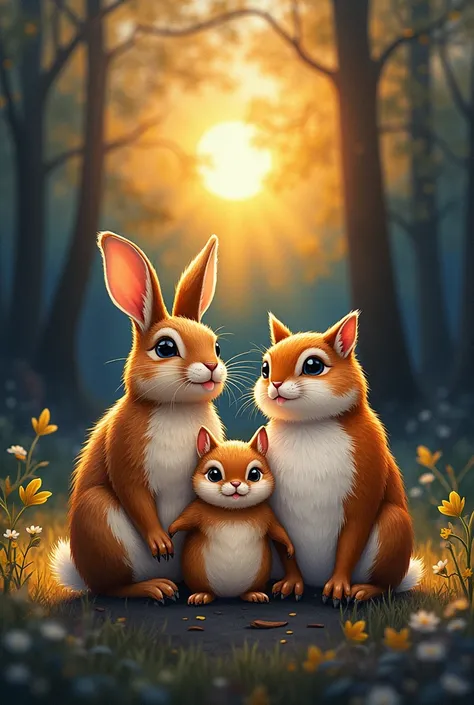 Trio of woodland animals, rabbit, squirrel, owl, seated in sharp focus, before a darkened forest, basking in the glowing aftermath of a setting sun, detailed strokes of watercolor infused with the style trending on artstation by Greg Rutkowski, intricate d...