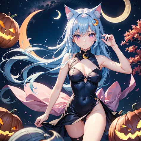 (Sky blue hair),Medium Hair, (Pink Eyes),Fair skin) ,(whole body),(One Girl),(Crescent Moon),(There are lots of pumpkin ghosts in the background),Cat ear,Cat&#39;s Tail,(If you dont give me sweets, Ill play a prank on you.),Halloween Night Party),(masterpi...