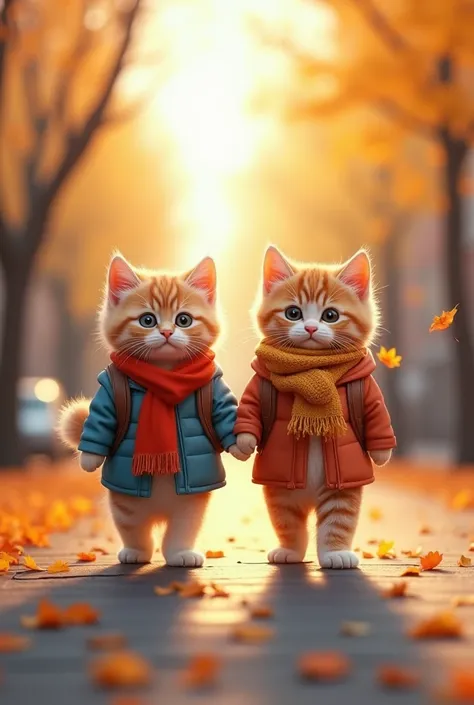 Autumn season、I have two kittens, cute猫, cute子猫, cute, 信じられないほどcute, Adorable and cute, And cute and adorable. They are walking down the street with backpacks on., Walk together, commute, Walking proudly down the street, And the cat is walking. They are cu...