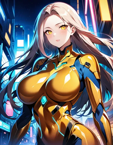 Sci-fi, cyberpunk, neon, near-future, dystopia, (A woman wearing a full-face mechanical powered suit that shines dazzlingly with a golden metallic sheen from head to toe. Her face is not visible, but her body lines are feminine.), Glamor, soft and curvy, b...