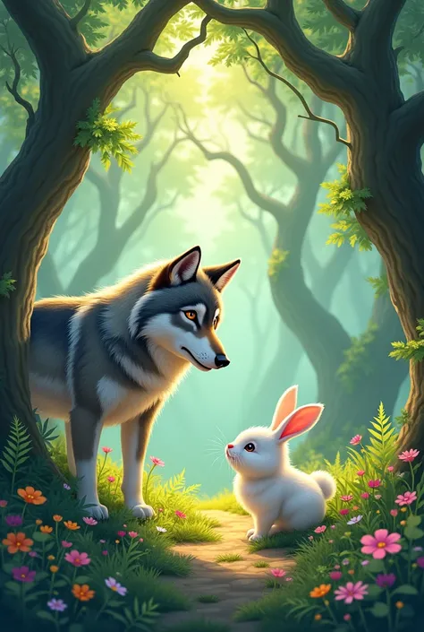 Timber wolf, bunny, forest, anime style art
