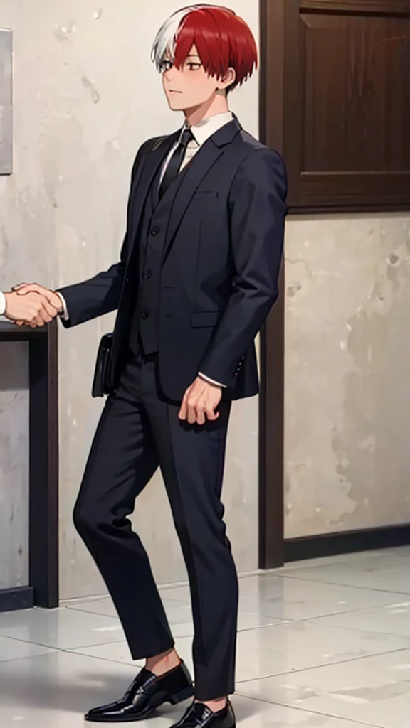 ((best quality)), ((masterpiece)), (detailed), handsome guy in suit, todoroki shoto face, half white half red hair, leather shoes with no sock, standing up in a mosque while reciting the shahadah to mualaf into islam, shaking hands with an imam