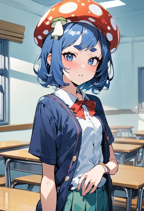 (masterpiece, best quality), (ultra highres, ultra-detailed),pop-art style,(girl with mushrooms growing on her head),mushrooms hat,summer school-uniform,classroom,shiny skin,absurdity, extraordinary, BREAK (girl,tween,detailed face,(darkblue wavy-short hai...