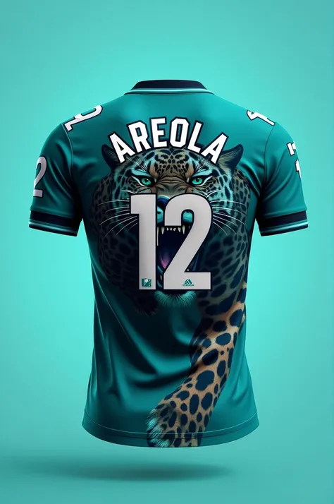 create a jersey front and back, color teal, animal is jaguar, Put my surname and number on the back, AREOLA 12