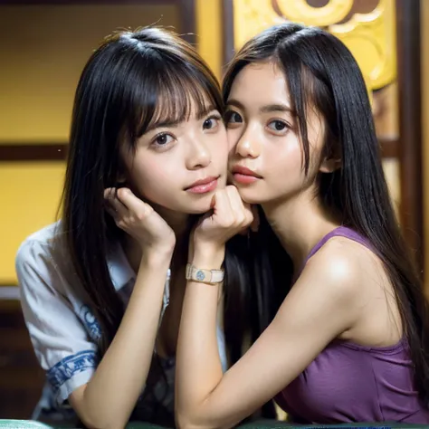 (Two Chinese stars of royal sister style,duo,caress,kiss), ((Highest quality, 8k, Tabletop: 1.3)), concentrated: 1.2, Perfect Body Beauty: 1.4 , (Interesting Expressions), (City of night: 1.3), Highly detailed face and skin texture, Beautiful Eyes, double ...